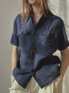 NAVY LINEN BUTTON UP
