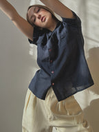NAVY LINEN BUTTON UP