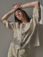 LINEN+COTTON 3/4 SLEEVE BUTTON UP