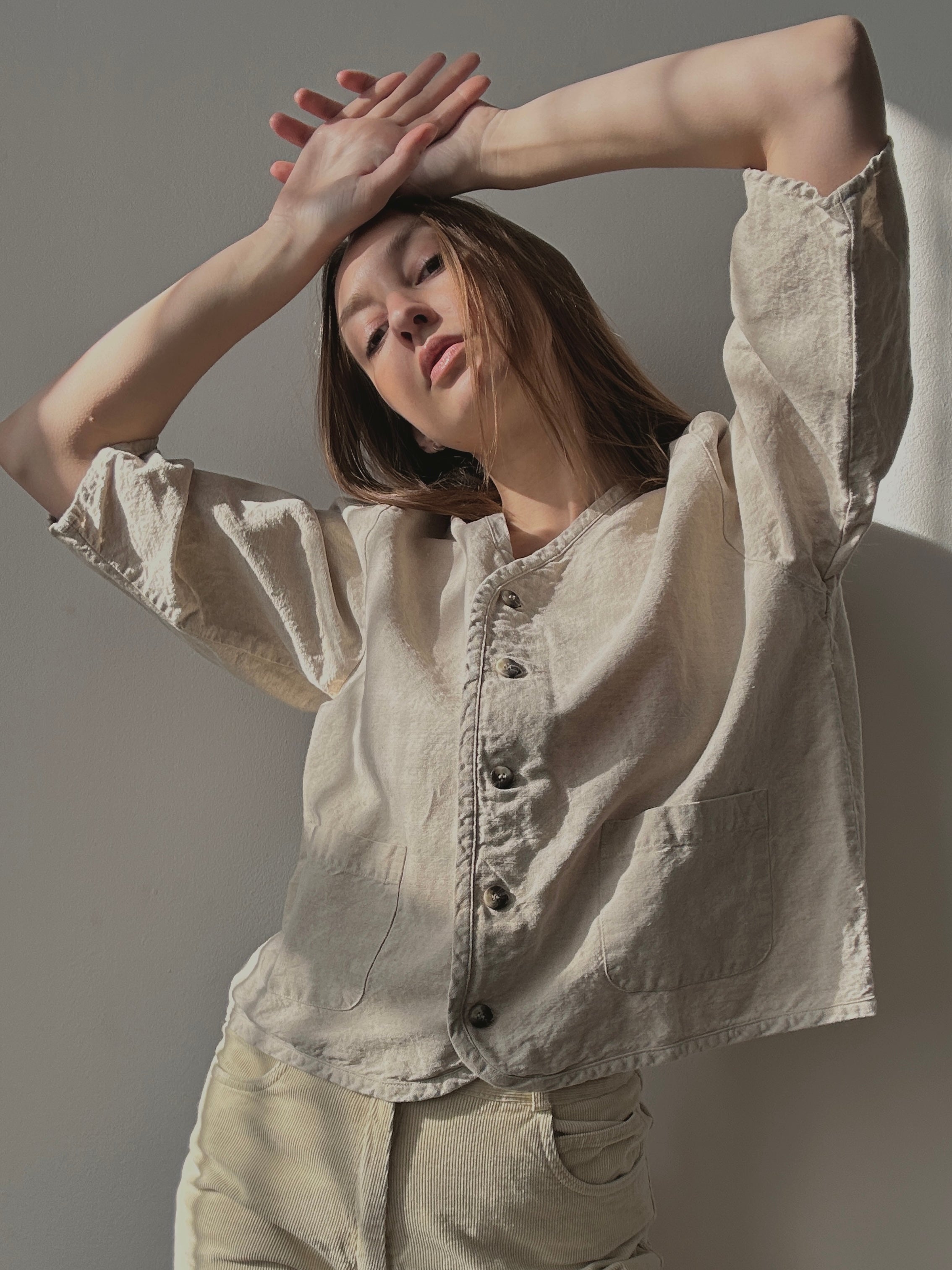 LINEN+COTTON 3/4 SLEEVE BUTTON UP