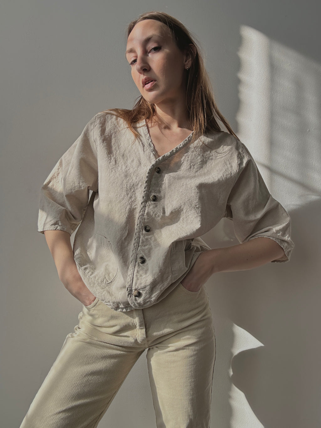 LINEN+COTTON 3/4 SLEEVE BUTTON UP