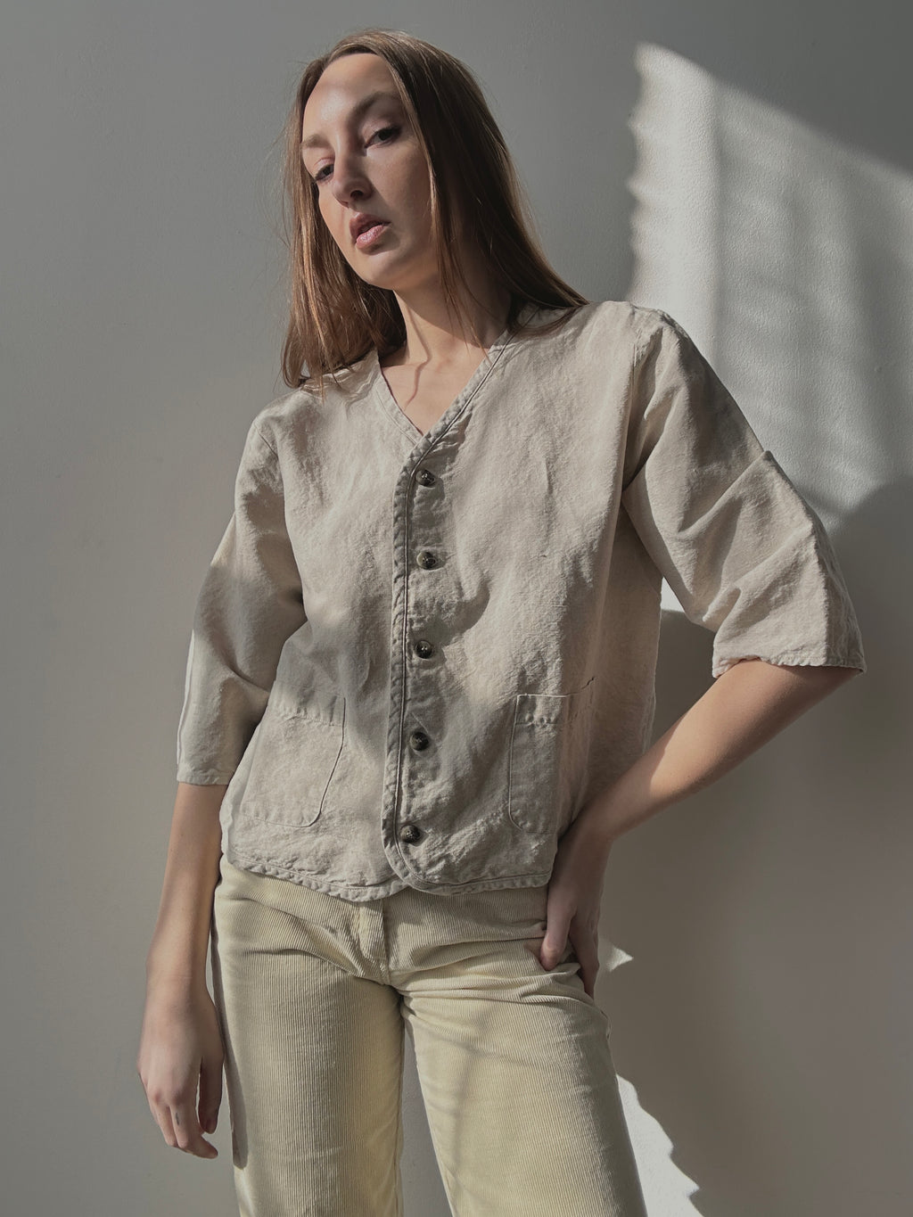 LINEN+COTTON 3/4 SLEEVE BUTTON UP