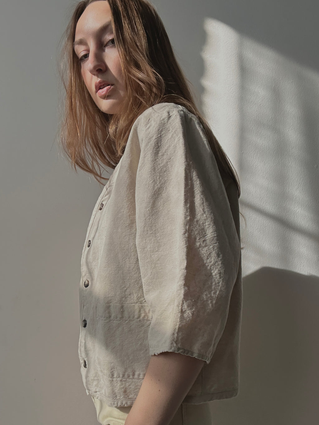 LINEN+COTTON 3/4 SLEEVE BUTTON UP