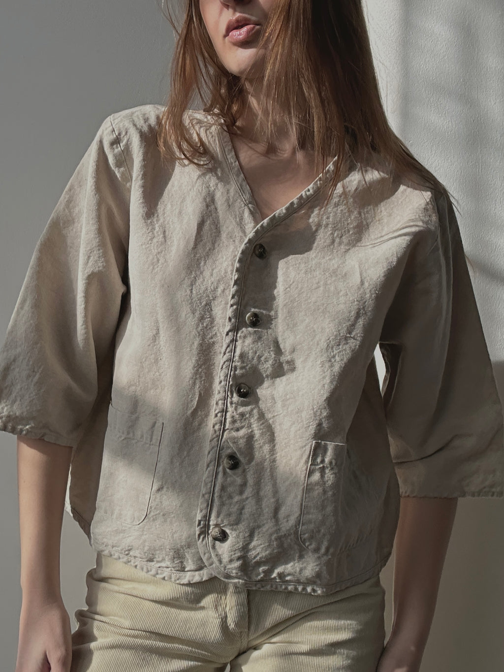 LINEN+COTTON 3/4 SLEEVE BUTTON UP