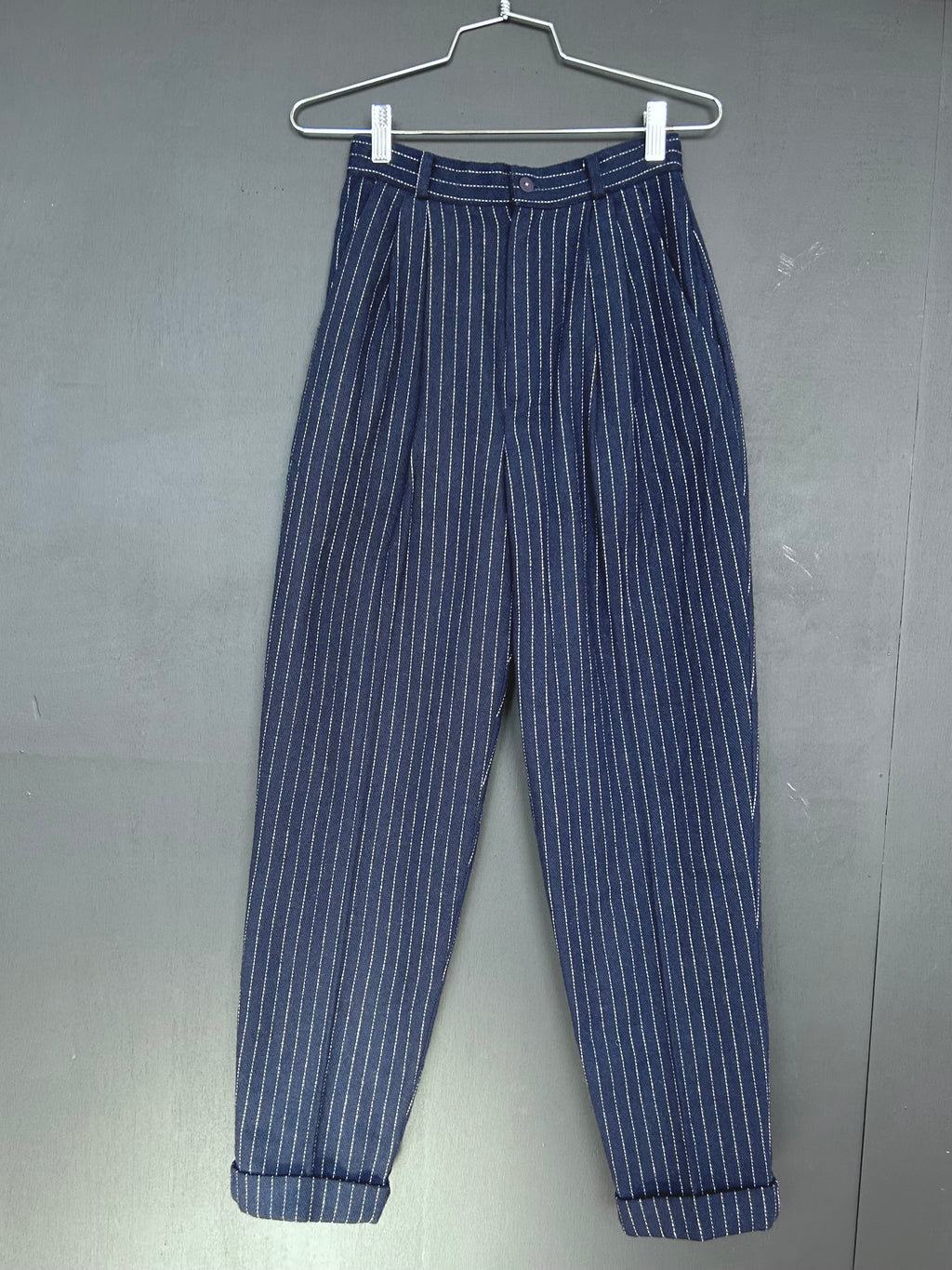 Navy Pinstripe Trousers